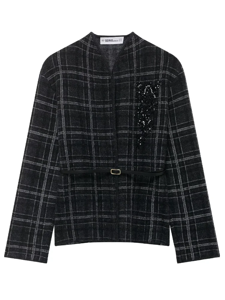 

Women's Chic Plaid Patchwork Sequin Cardigan Casual Long Sleeved Lace Up Fashion Jacket 2026 Spring New Daily Commuting Outfit
