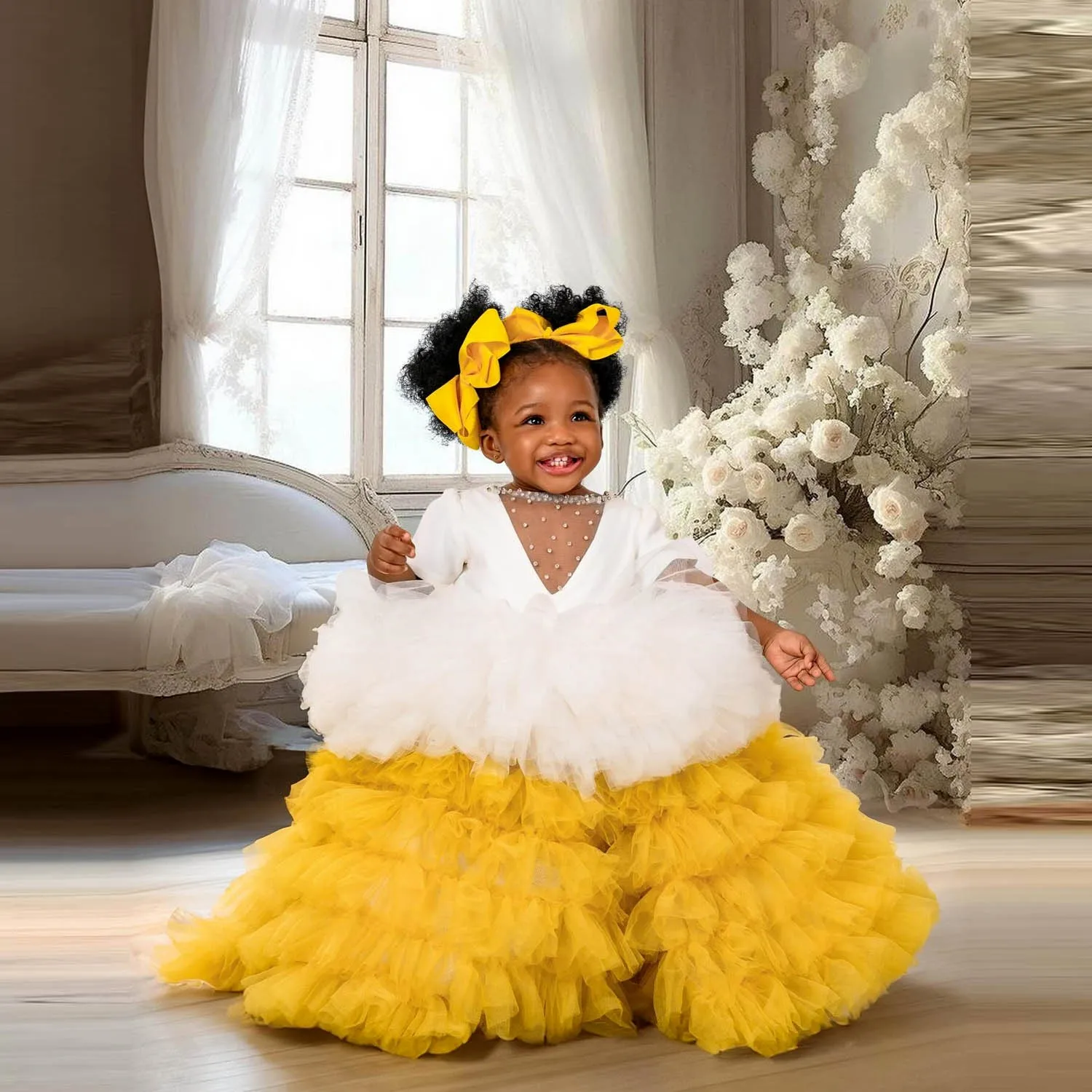 

White And Yellow Flower Girl Dresses With Beads Short Sleeves Puffy Tulle Girls Pageant Dress Kids Little Girl Birthday Gowns