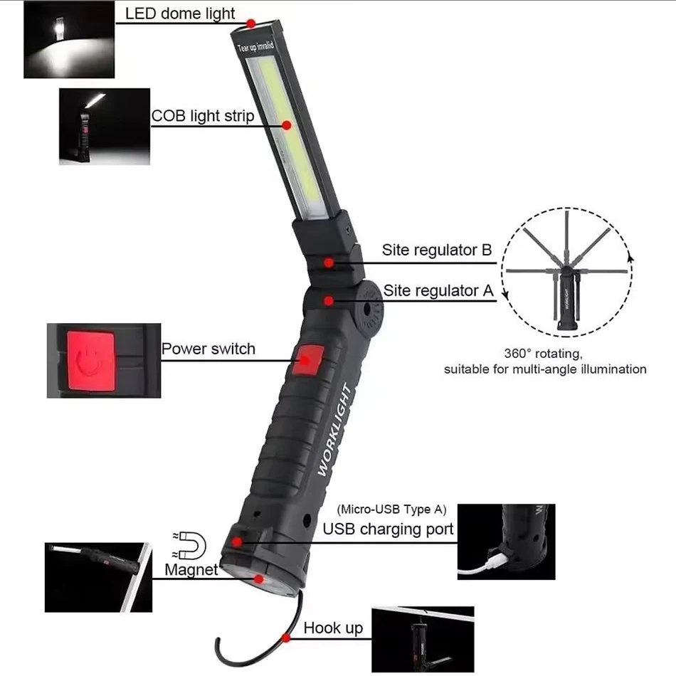 Portable Folding Magnetic Work Light USB Rechargeable for Car Repair Flashlight Built-in Battery Multifunctional Emergency Lamp