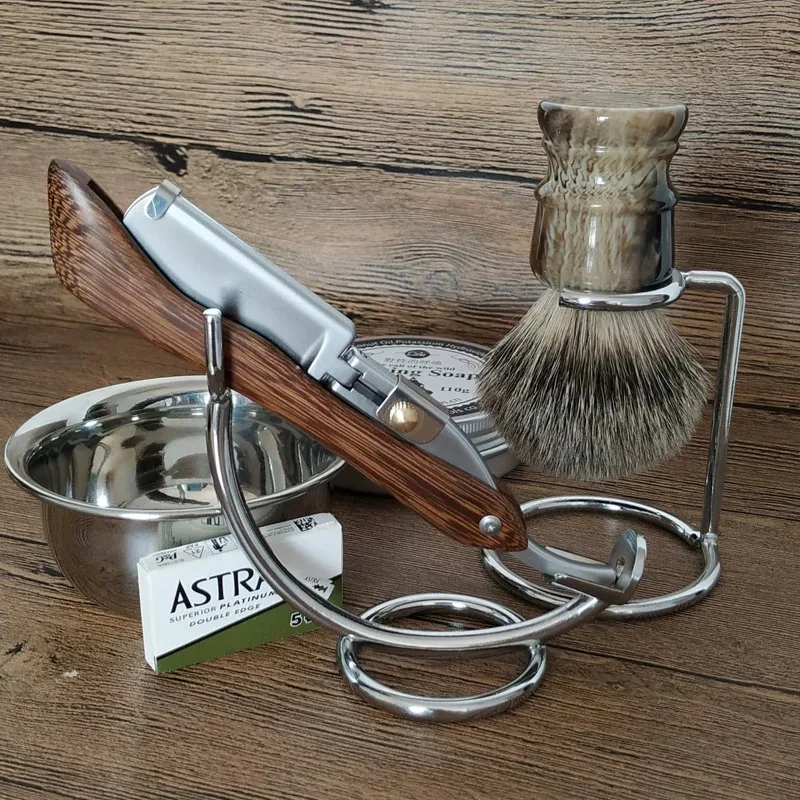 Homens navalha reta borda de madeira aço inoxidável barbeiro navalha barba barbeador madeira dobrável aço inoxidável barba barbeador para homem