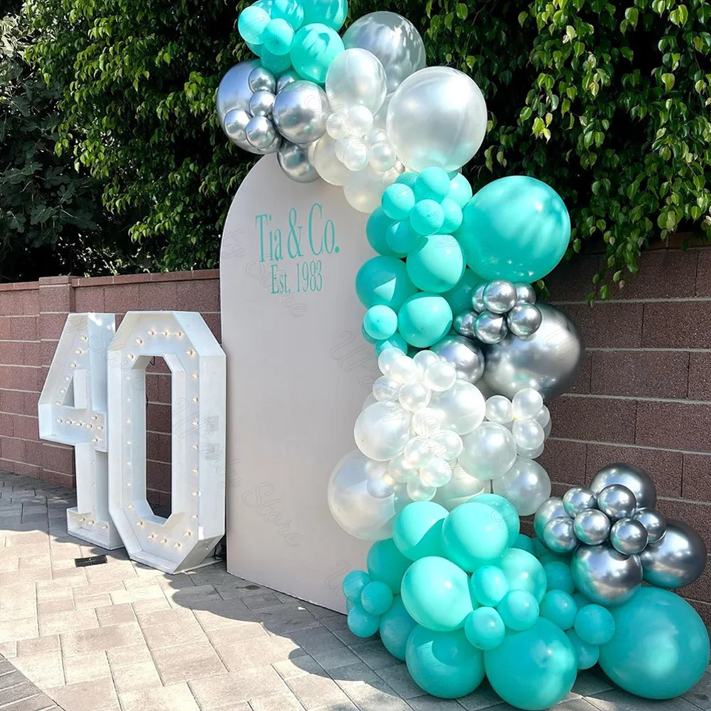 1 Set Teal Blue Balloons Garland Metal Silver Pearl White Teal Mint Blue Balloon Arch for Birthday Wedding Party Decoration