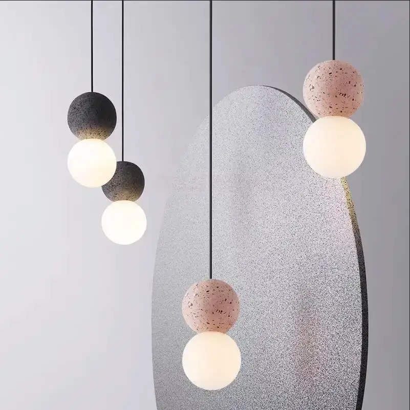 

Nordic Cement Pendant Lights Bedroom Bedside Dining Decor Wood Glass ball Hanging Lamp Kitchen LED Lighting Luminaire