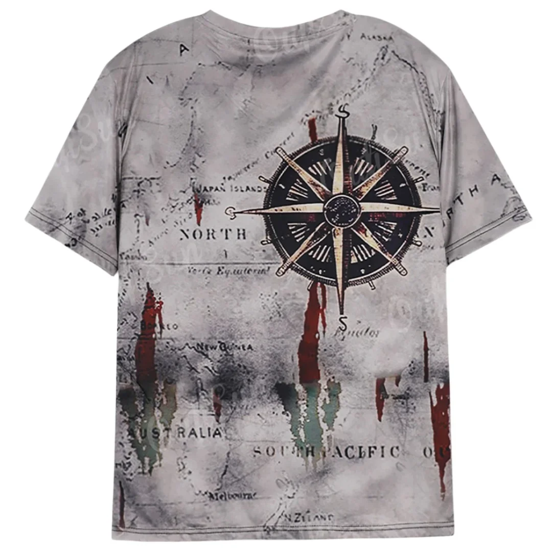 2024 Hot Selling Retro Navigation Map Compass 3D Printed T-shirt Summer Loose Short Sleeve Men's Casual Round Neck T-shirt