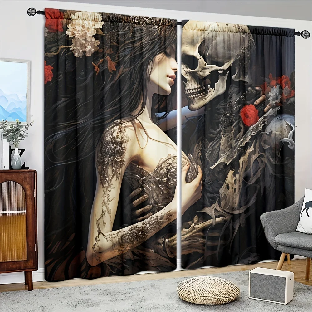 Gothic Skull and Woman Tattoo Art Blackout Curtains - Dark Fantasy Window Drapes for Bedroom Living Room Decor