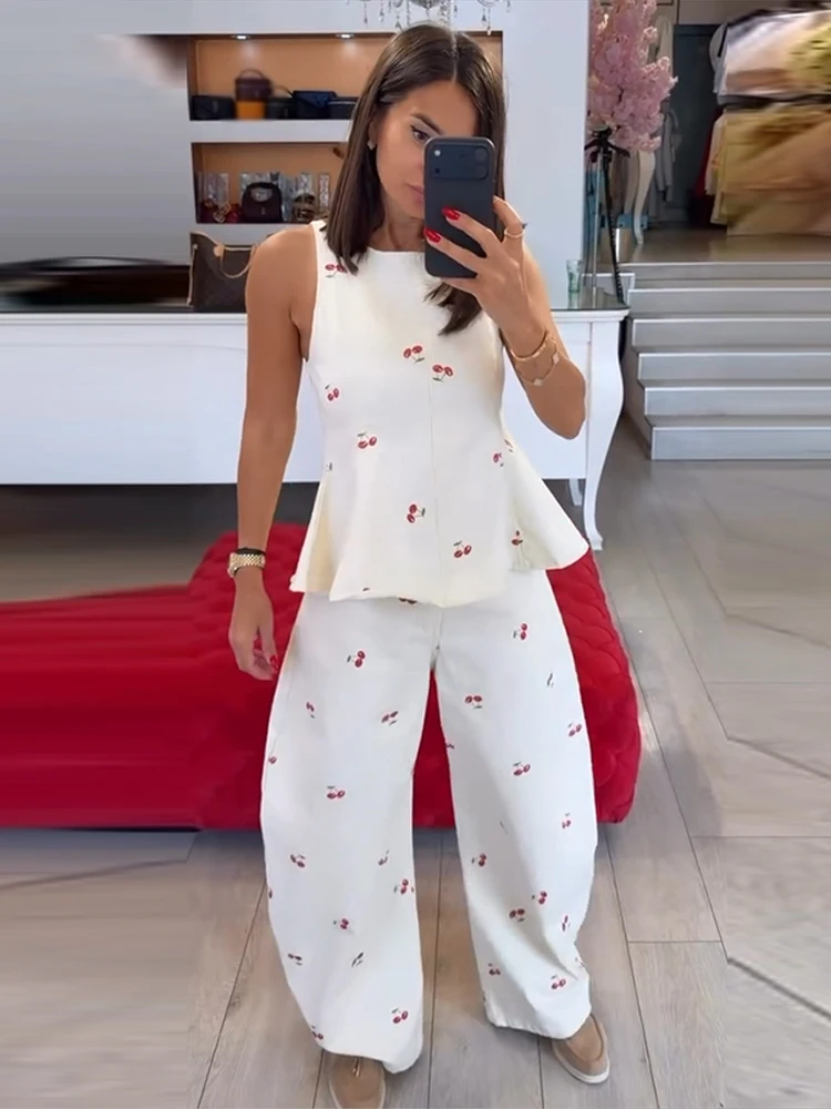 Damen-Hosenanzug 2-teilig Bedruckt O-Ausschnitt Ärmellos Rüschen Slim-Fit Oberteil mit Gebogenen Hosenbeinen Schicke Büro-Damen-Outfits Neu – Detail 2