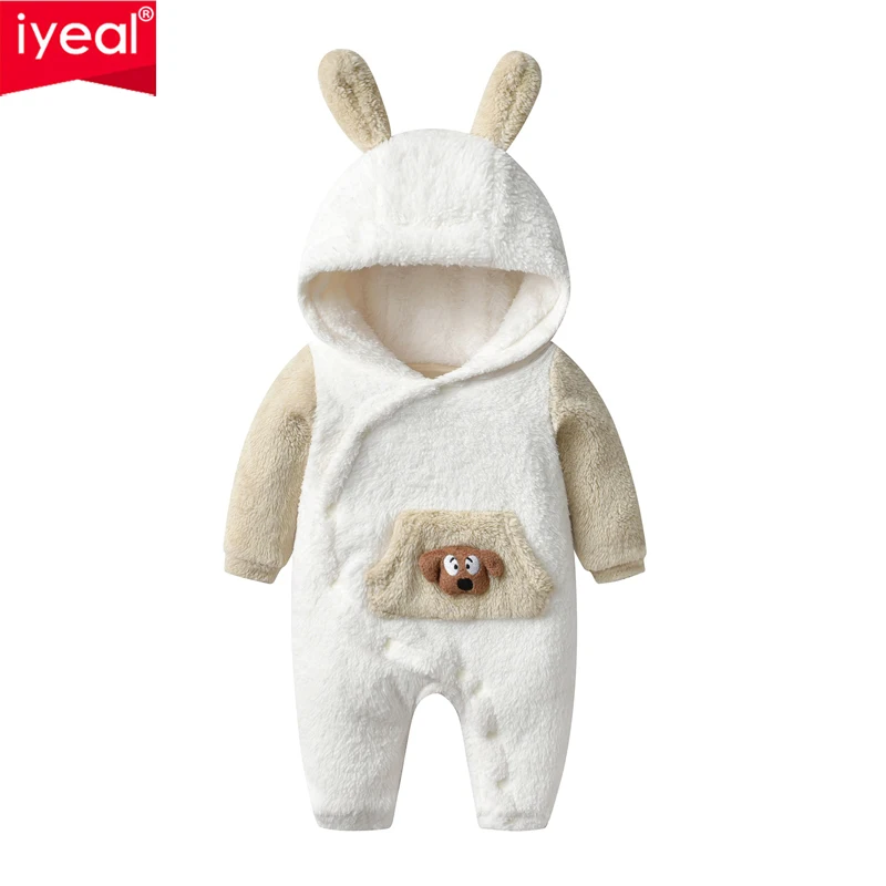 

IYEAL Autumn winter Warm Flannel Rompers For Baby Boys Jumpsuit Cute Hooded Kids Overalls Children Newborn Baby Girl Clothes