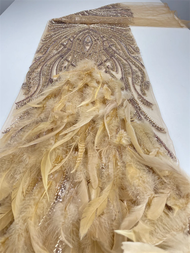 Venda quente design popular moda africano feito à mão pena frisada renda líquida com lantejoulas tecido francês vestido de noite renda líquida