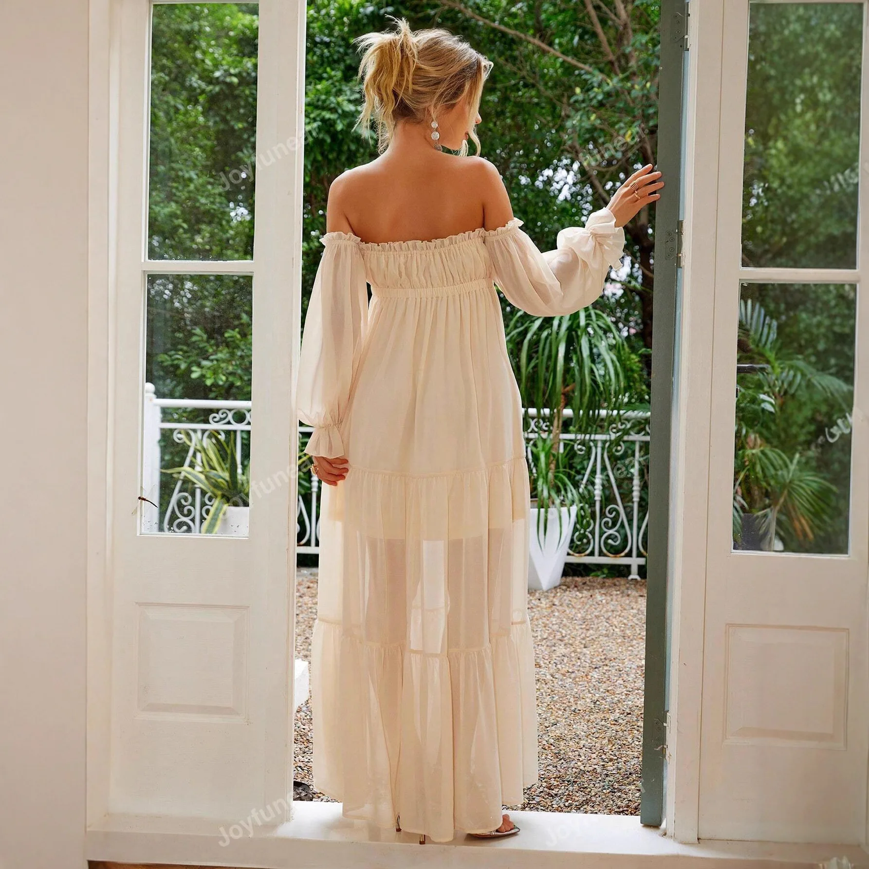 Maternity wear 2026 new one-line collar lantern sleeve evening dress slit large skirt maternity dress