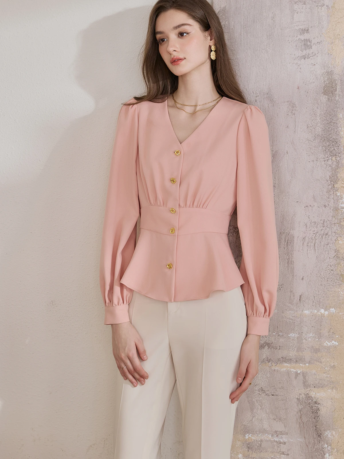 Pink Bubble Sve irt Vita cinched V Ne Ruffle Hem French Sle Donna Slim Fit irt Long Sve Pure Color 2025 Autu...