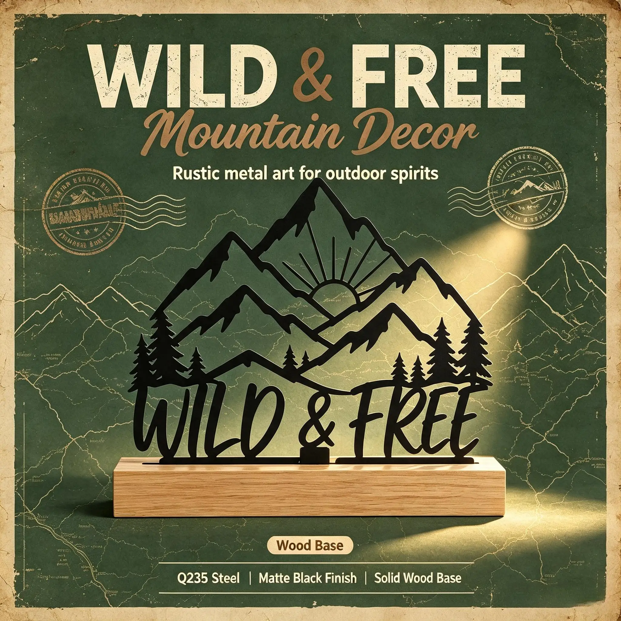 Mountain Sunrise WILD&FREE Metal Sign With Wood Base Nordic Desktop Home Decor Ornament