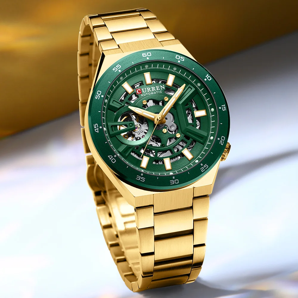 CURREN Brand Men's Fashion Sport Automatic Round Hollow Rotating Mechanical Stainless Steel Glow in the Dark Men Watch view 2