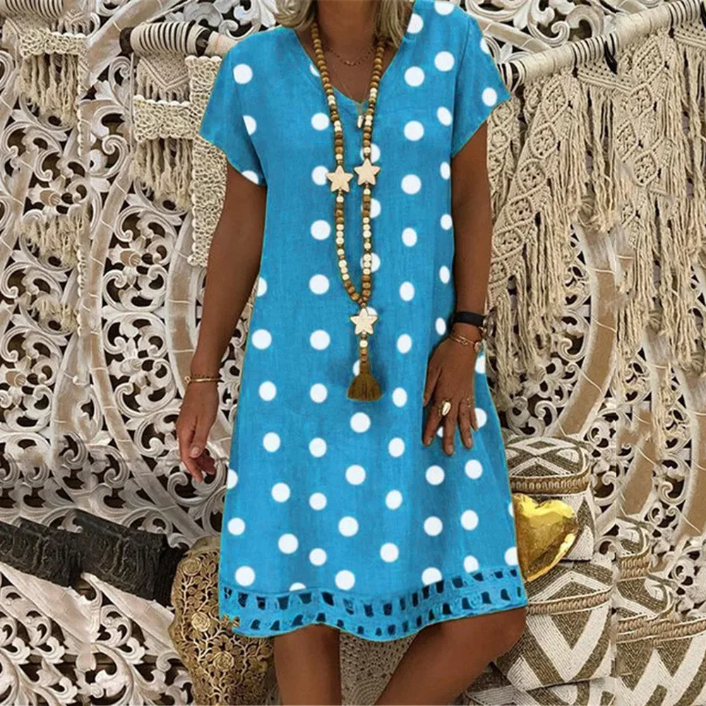 Faionable Polka Dot Print ort Sve V-Ne Midi Dr Dames Lente Zomer Nieuwe collectie Polyestervezel Princ Sle