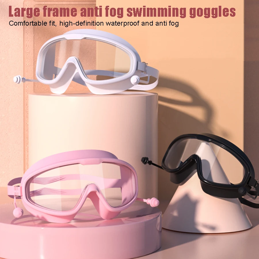 Swimming Goggles for Men and Women with Large Frame Myopia Waterproof and Anti Fog High-Definition Transparent One Piece Earplug