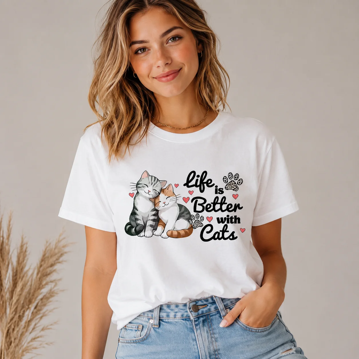 Life Is Better With Cats T Shirt Women Cute Cuddling Kitten Heart Paw Print Casual Cat Lover Graphic Tee