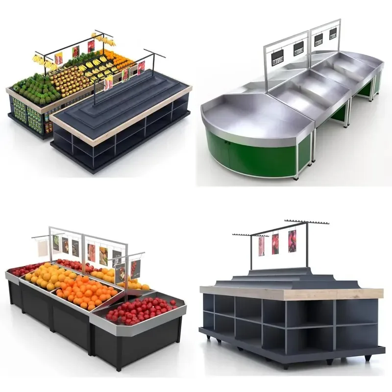 Heavy Duty Double Sided Stainless Steel Supermarket Fruit Vegetable Rack with Sign Bracket Large Capacity Storage Space