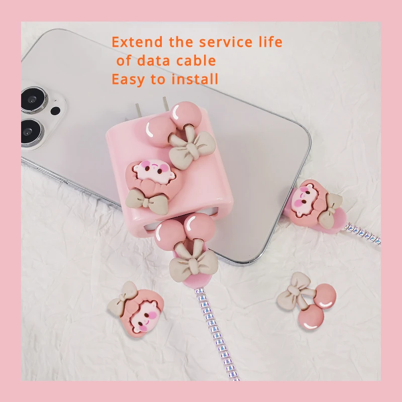 Cute Cherry Girl Data Cable Protector Winding USB Charging Data Cable Protection Cover, Anti-break for IPhone Series Organizer