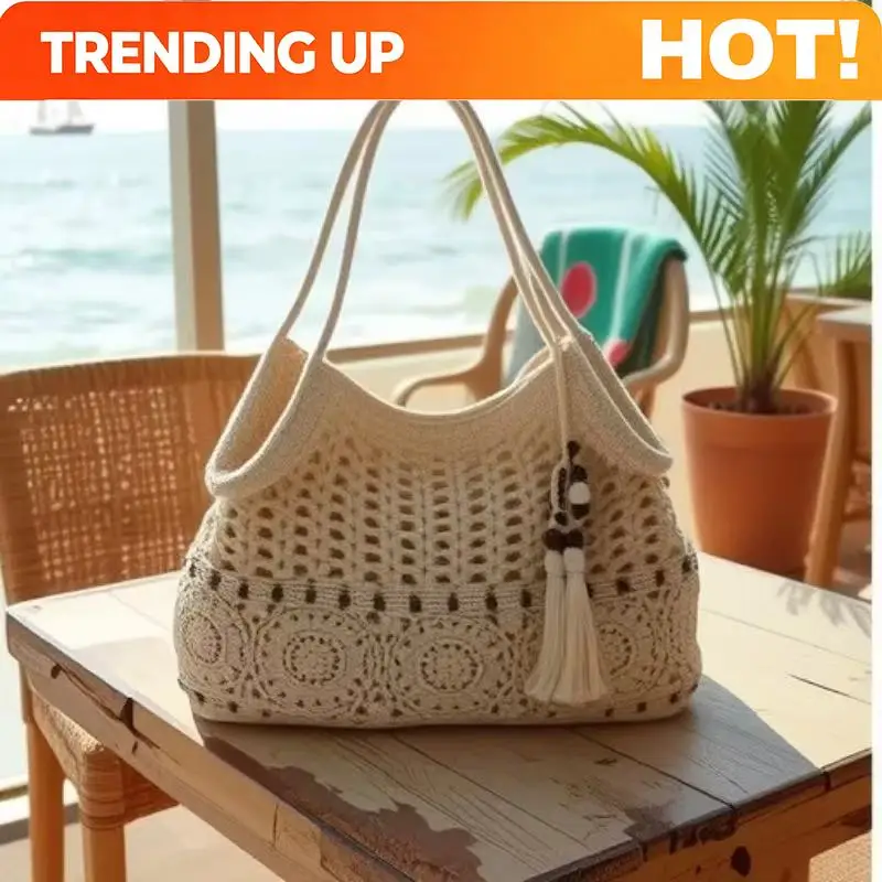 Crochet Tote Bag for Women White Openwork Knit Purse with Bead Fringe Charm Adjustable Long Straps Boho Beach Bag