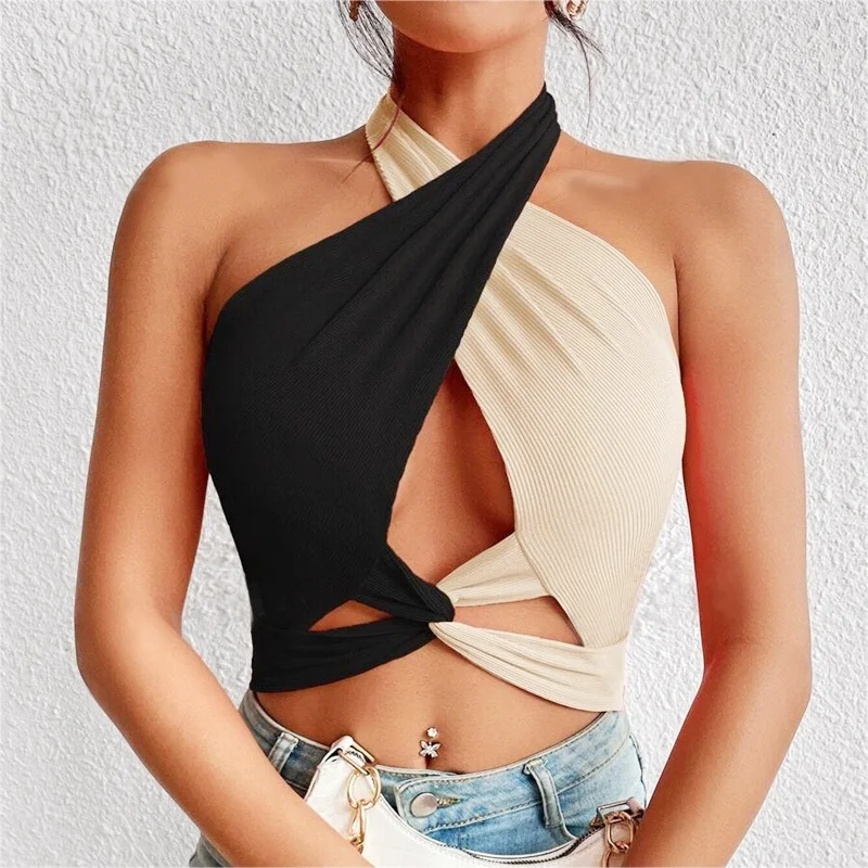 Chain Cut Out Crop Tops Y2k Sexy Women Summer Y2K Clothes High Street Grunge Asymmetrical Neck Sleeveless Tank Top Streetwear