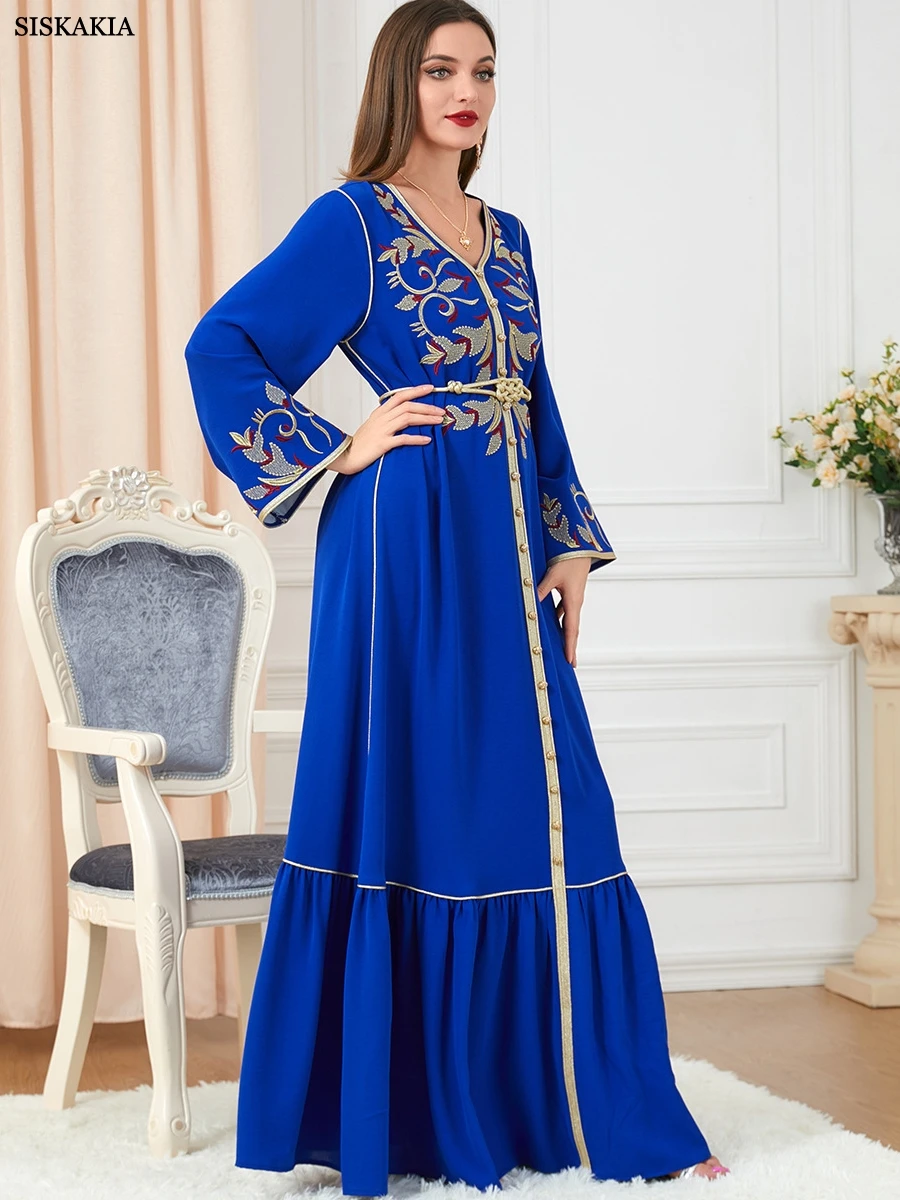 Siskakia Abaya Gulf Fashion Ethnic Emberoidery Long Sleeve V-Neck Belted Clothing Elegant Kaftan For Women 2023 Dubai