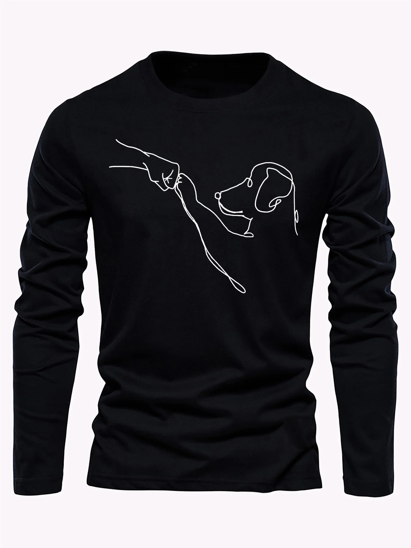 100% Pure Cotton Men's Long Sleeved Round Neck Loose Casual and Dog Fist Print Spring and Autumn Versatile T-Shirt Top