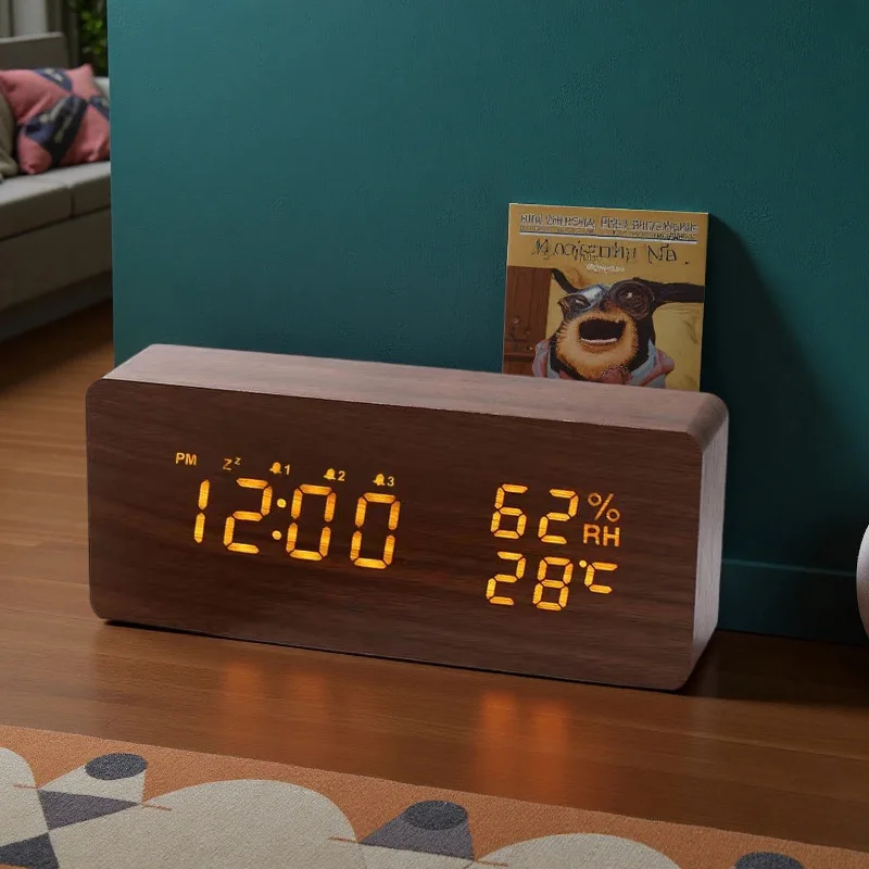 Minimalist Temperature and Humidity Wooden Alarm Clock Snooze Silent Alarm Clock LED Digital Display Wooden Clock