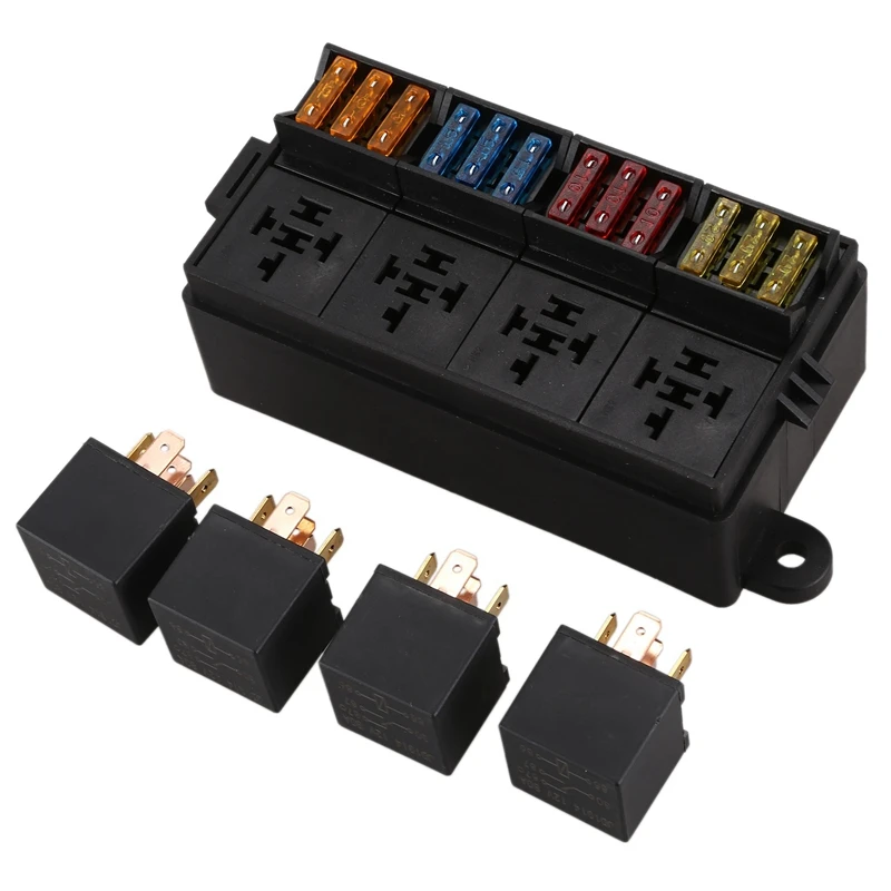 2X 12 Way Blade Fuse Holder Box with Spade Terminals and Fuse 4PCS 4Pin 12V 80A Relays for Car Truck Trailer and Boat