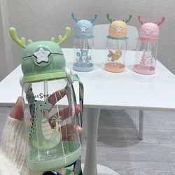500ml Deer Horn Children Water Bottle Cartoon Large Capacity Plastic Straw Cup School Student Kawaii Girl Kids Water Bottle