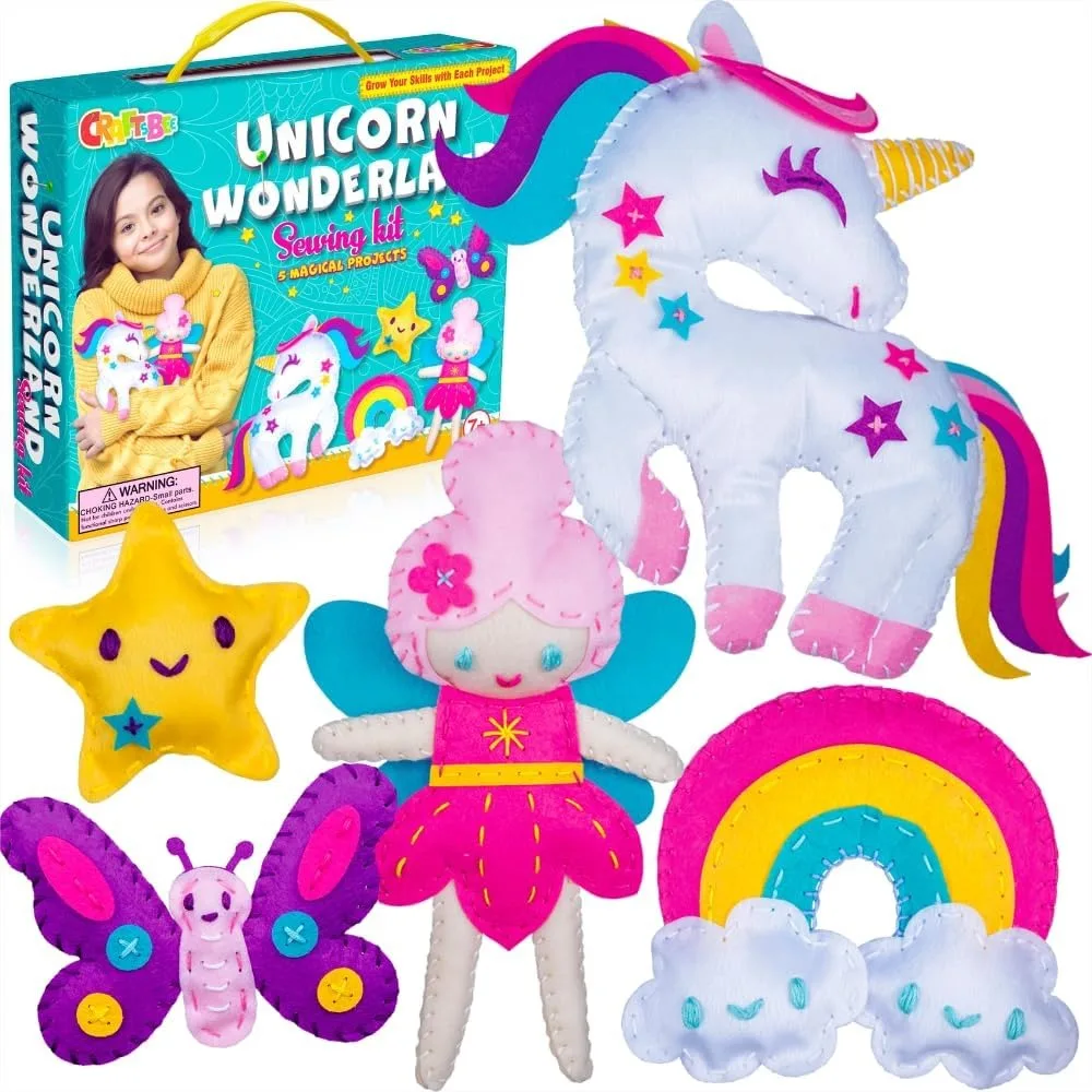 

Unicorn Sewing Kit for Girls 7+ - Create 5 Adorable Felt Animals & Pillow - Easy DIY Craft, Learn Hand Sewing Skills