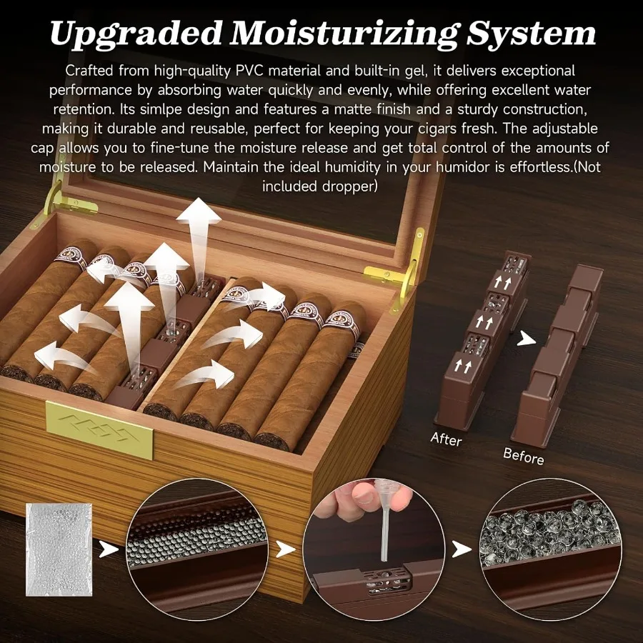 Scatola per sigari Umidificatore artigianale con igrometro e umidificatore Custodia per umidificatore in legno di cedro con divisore per cassetto Misuratore di lunghezza del sigaro D