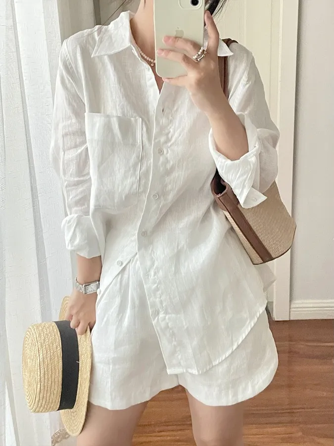 

Women's Summer Faion Sun Protection Linen Set Wide Leg ort Pants Long Sve White irt Two Piece Suit Casual Loose Fit