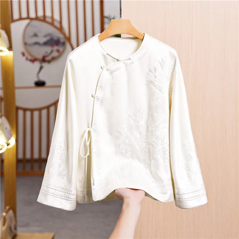 Acetate Satin Embroidery Spring New O-Neck Top Chinese Style Single Breasted Contrast Color Long-Sleeved Lady Jacket S-XL