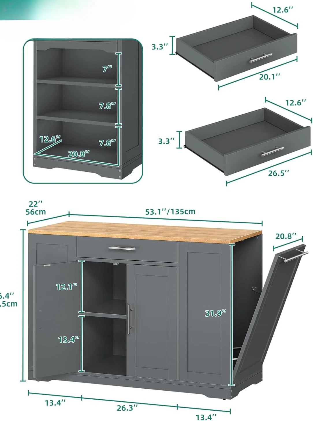 53 inch Large Rolling Kitchen Island with Trash Can Storage Cabinet, Portable Mobile Islands Table Long Floating Movable, Grey