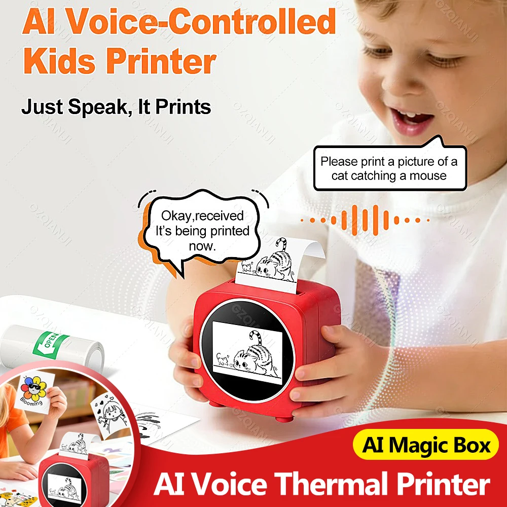 AI Magic Box Voice Control Thermal Printer 58mm/2inch Mini Portable Digital Display Printer for Kids Children Gifts