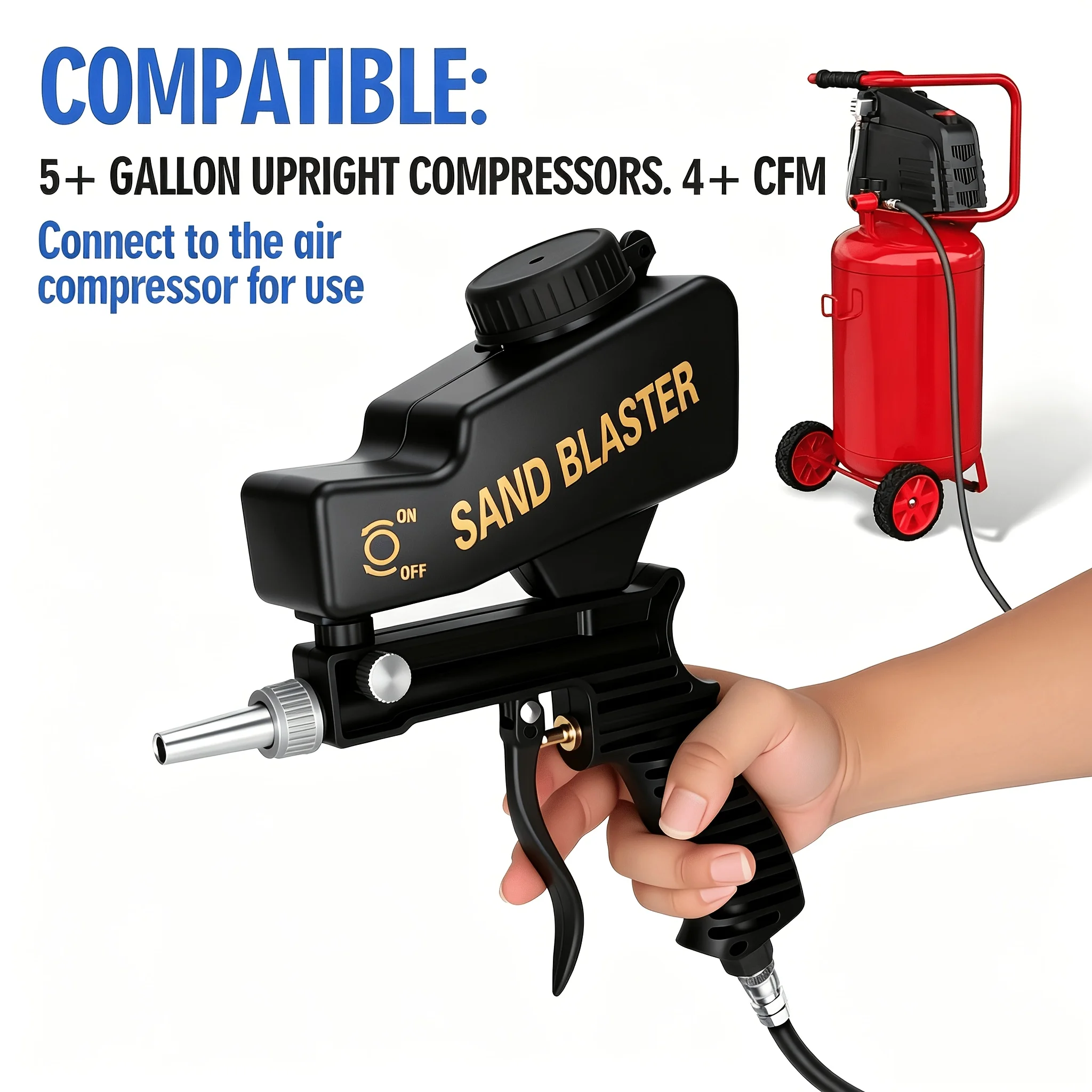 Portable Sand Blaster Gun | 600Cc/18Oz Gravity Feed | Ergonomic Grip, Paint Rust Grime Remover for Metal Wood Auto Glass
