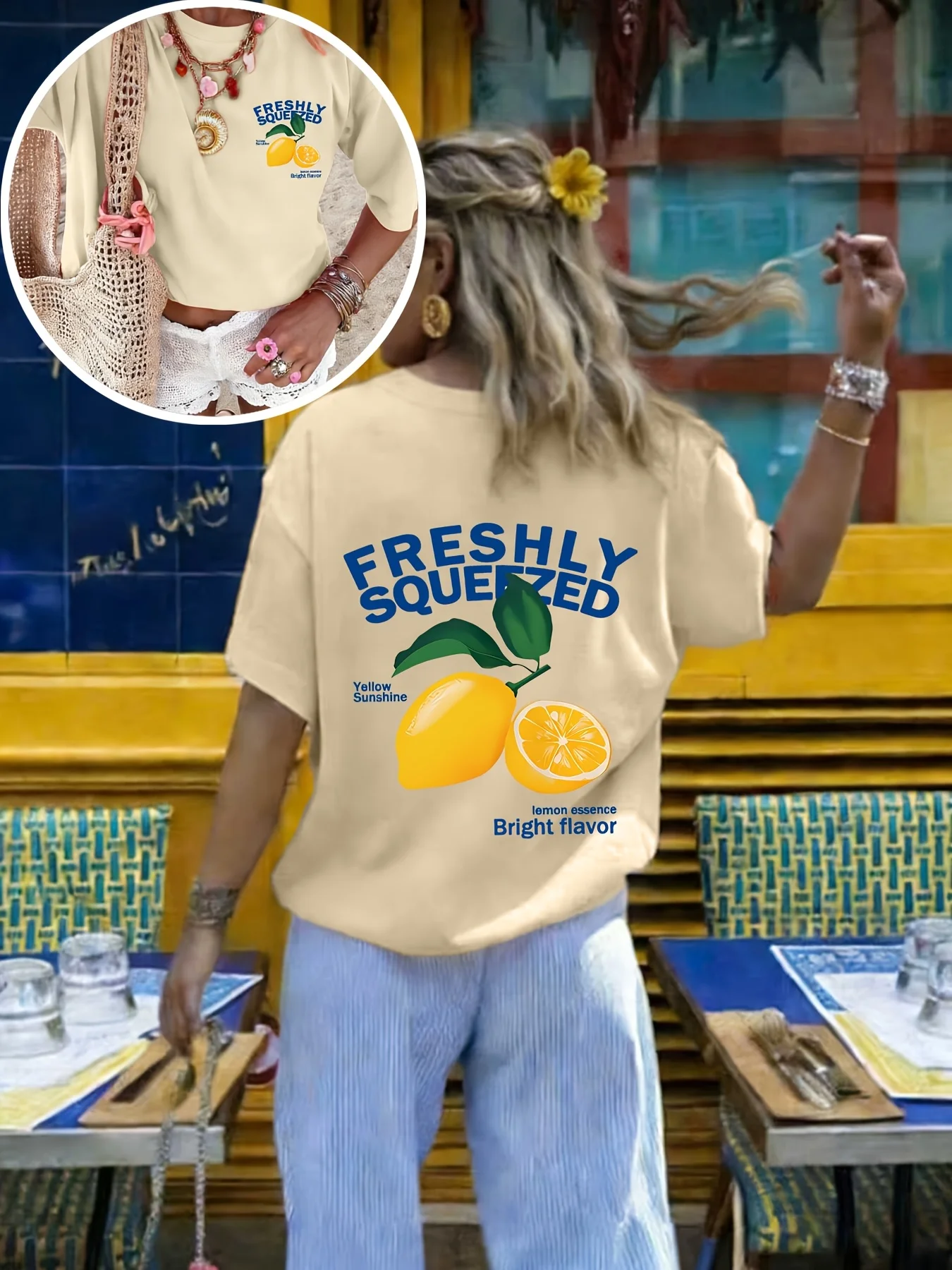 2026 New Women's Round Neck Beach Vacation Style Lemon English Letter Print Fashion Short Sleeve Summer Casual T-Shirt Circle