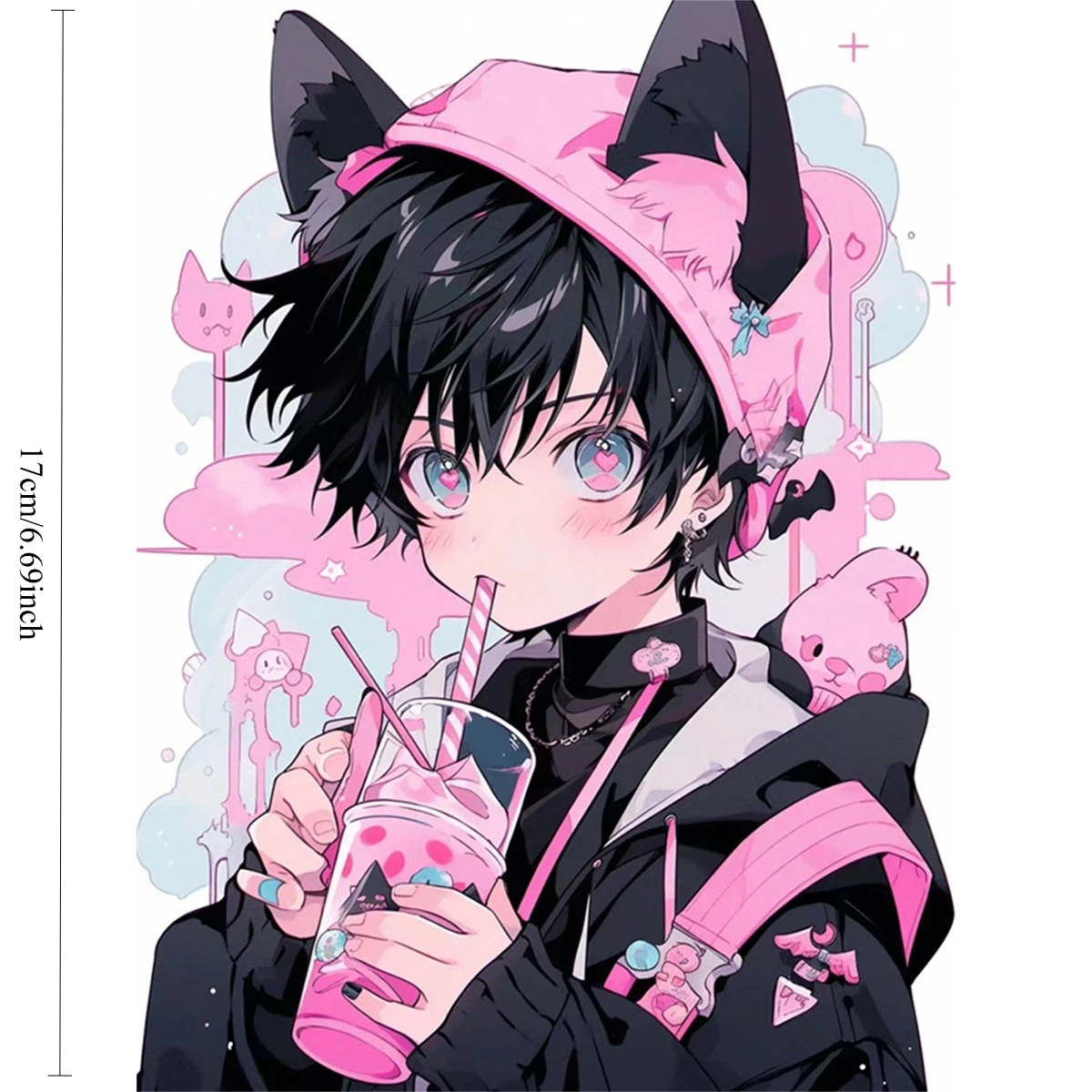 Cute Anime Cat Boy Vinyl Sticker, Pink Black Manga Character Decal for Motorcycle, Car Body, Window, Helmet & Laptop Decor, 17cm
