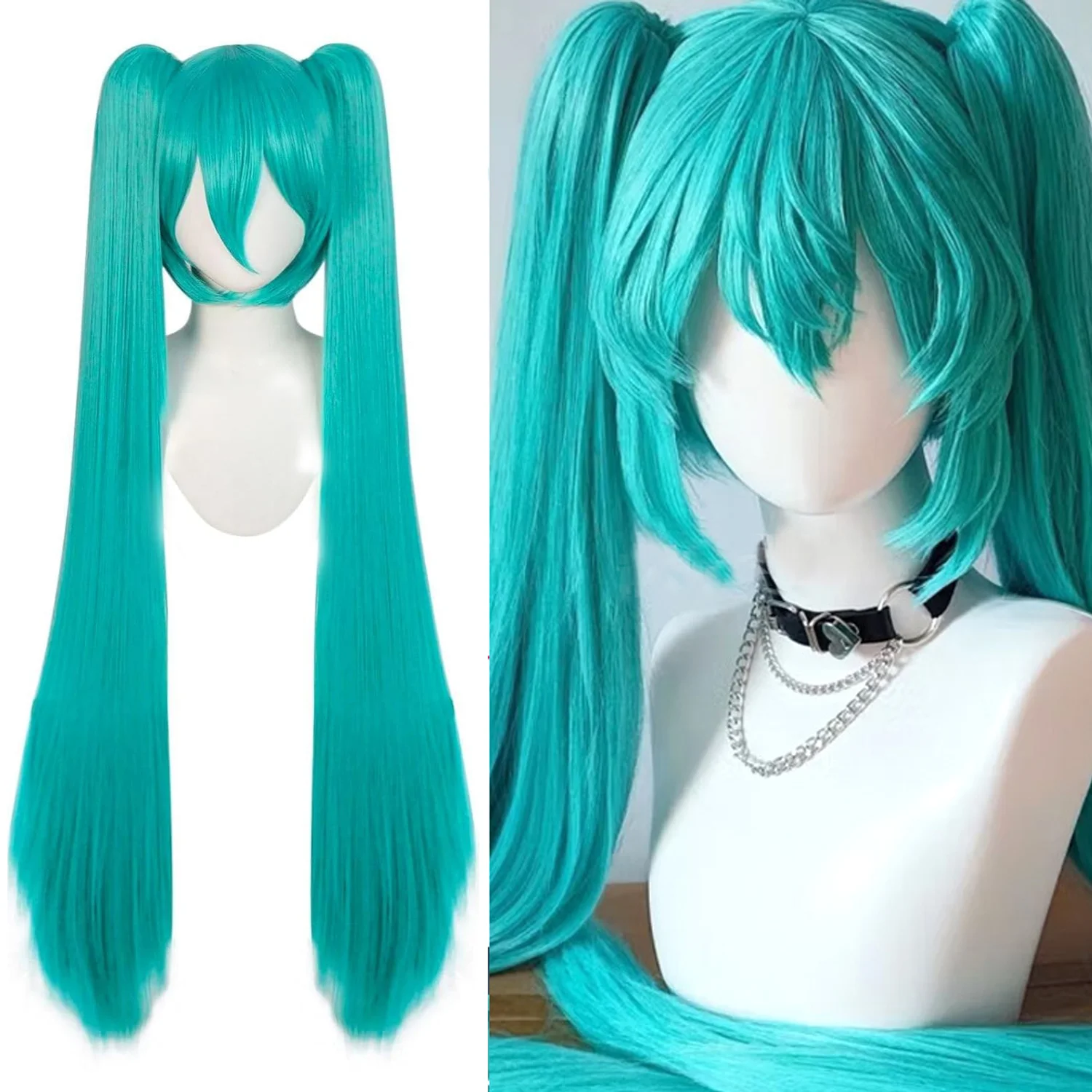 

Длинный парик Мику Cos, 110 см, Hatsune, аниме, синтетические волосы, термостойкие двухсторонние хвостики с бесплатной шапкой для косплея, костюм