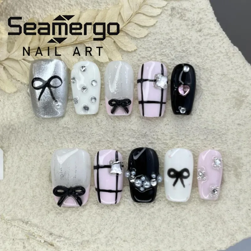 

10PCS Black Pink Bow Short Coffin Handmade Press on Nails Sweet Cool Plaid Rhinestone French False Nails Wearable Acrylic Nails