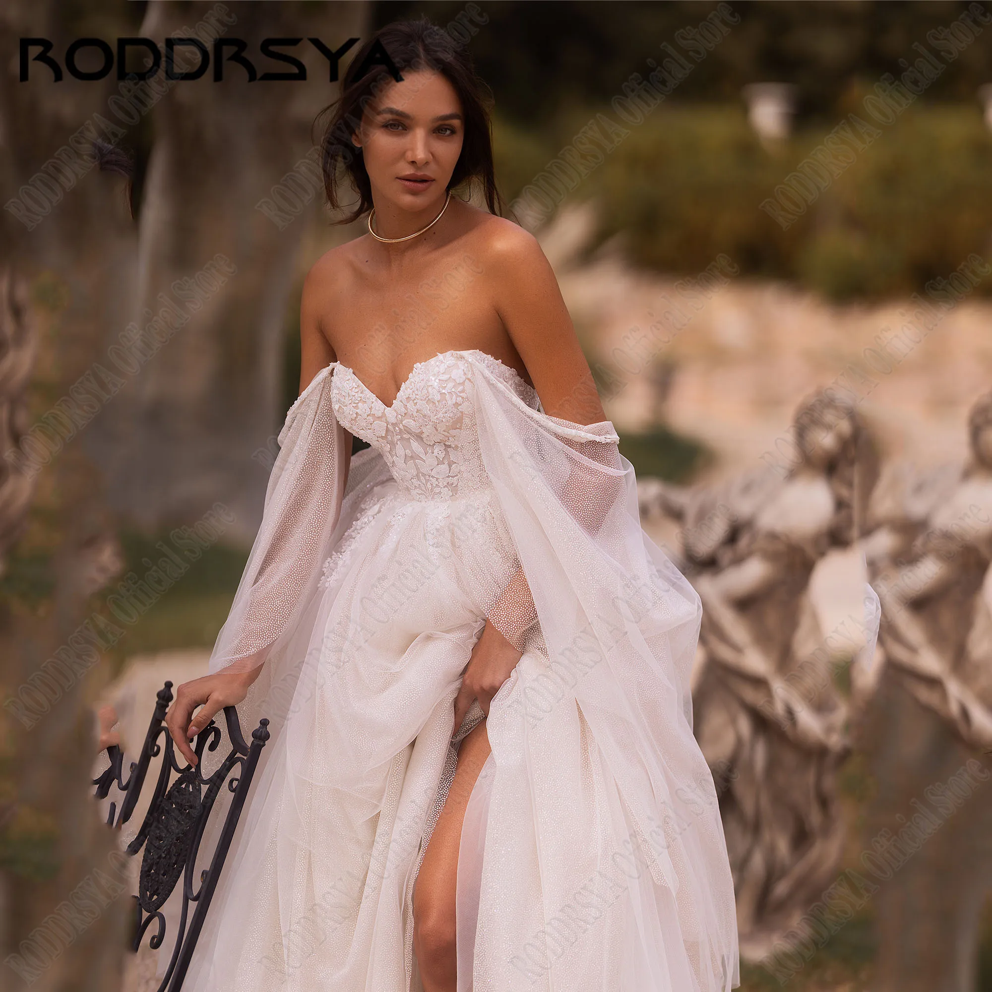 RODDRSYA-Vestido De Novia De lentejuelas con purpurina, traje De Novia con tirantes finos, corte en A, apliques sin espalda, estilo bohemioRoddrsya Sweet lentejuelas vestido de novia brillante pasta con tirantes a vest