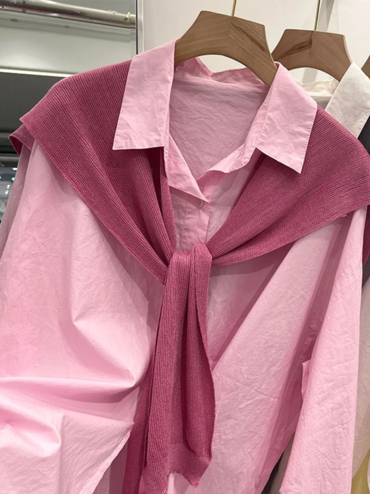 Pink Shirt With Shawl 2024 New Spring Long Sleeve Solid Color Loose Shirt Knitted Shawl 2Pcs Set Casual Female Blouses