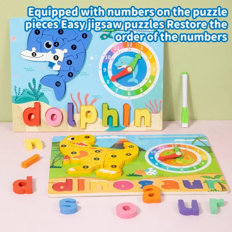 Montessori Disegno in legno Ortografia Tavolo Puzzle 3D Gioco Animale del fumetto Orologio del tempo Puzzle Forma Corrispondenza Cognizione Giocattolo Regali