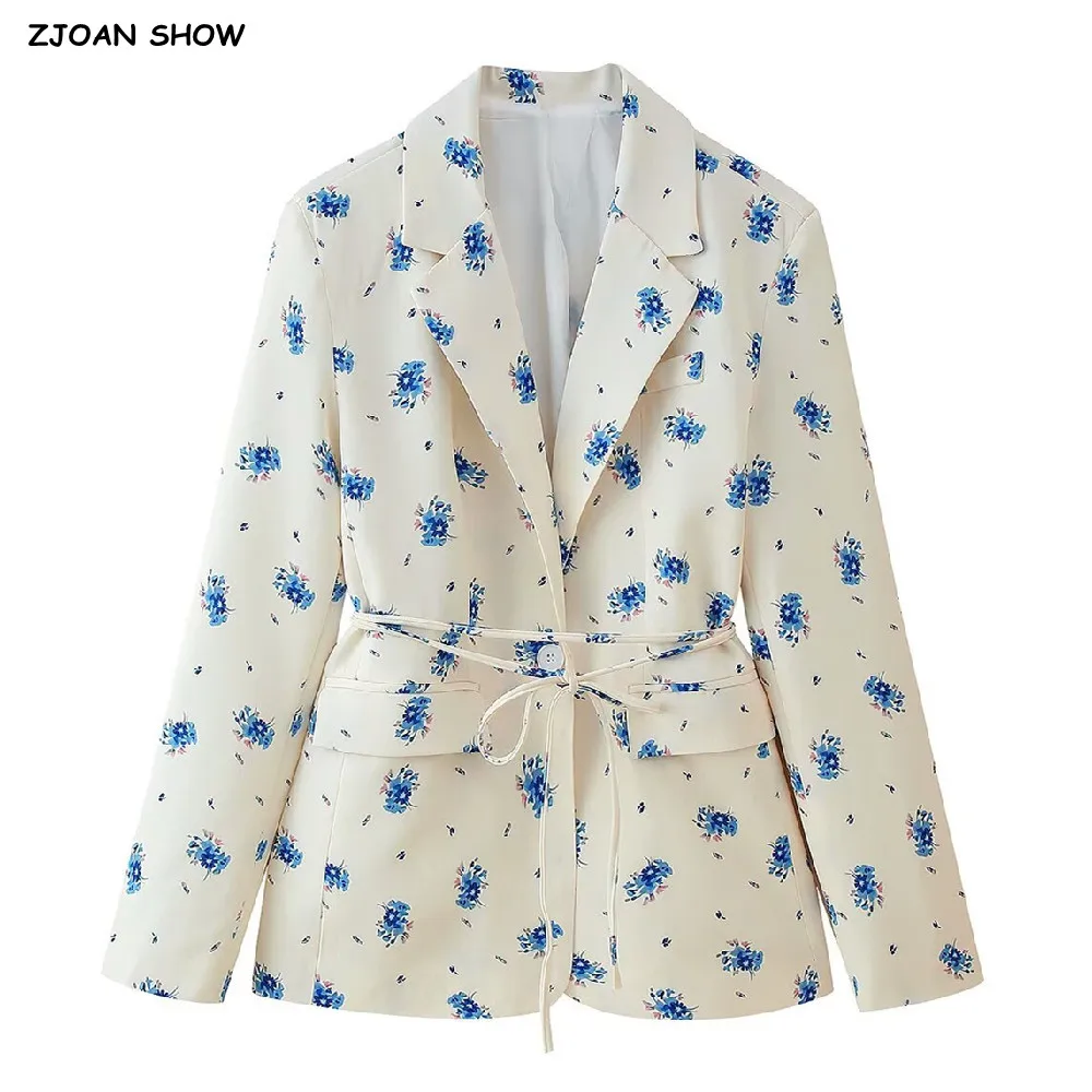 

2025 Spring Autumn Lacing Up Bow Sashes Beige Floral Print Blazer Boyfriend Vintage Women Front Pockets Loose Suit Fashion Coat