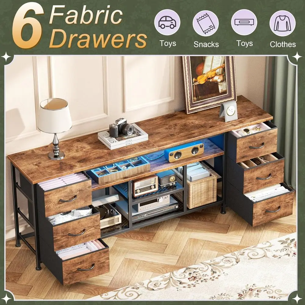 65-70 Inch LED TV Stand, 63 Entertainment Center with Power Outlets, 6-Drawer Media Console in Rustic Brown