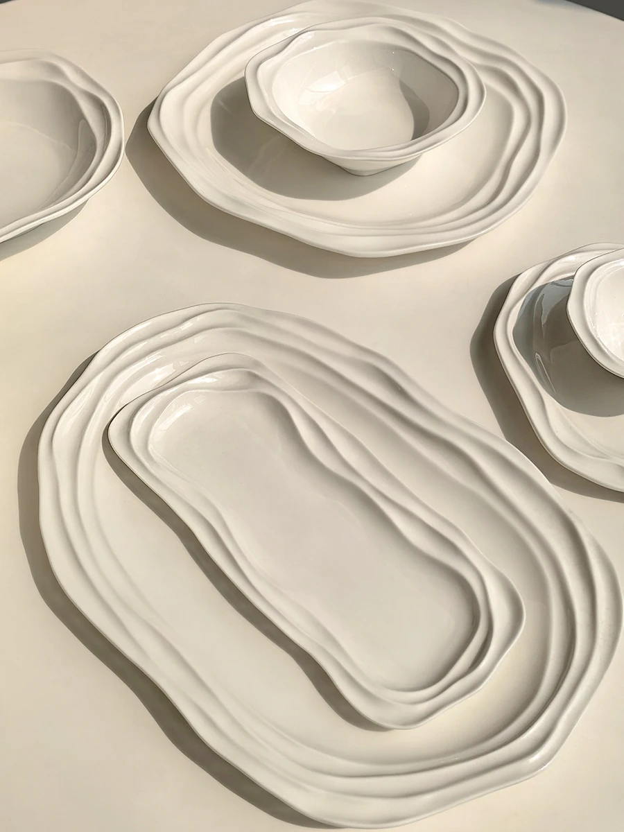 French Wave Pattern Ceramic Oval Plates - 12/10/8 Inch Tableware for Home, Breakfast, Soup, Snacks & Desserts