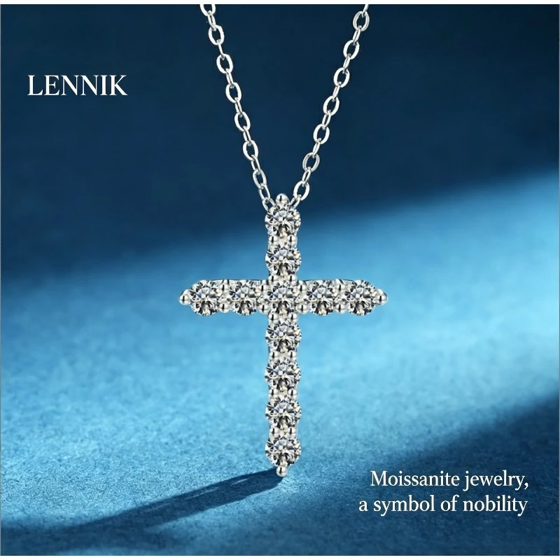 LENNIK S925 Silver Cross Moissanite Necklace Zircon Pendant Women's Diamond Fashion Design Sense Clavicle Chain Trend