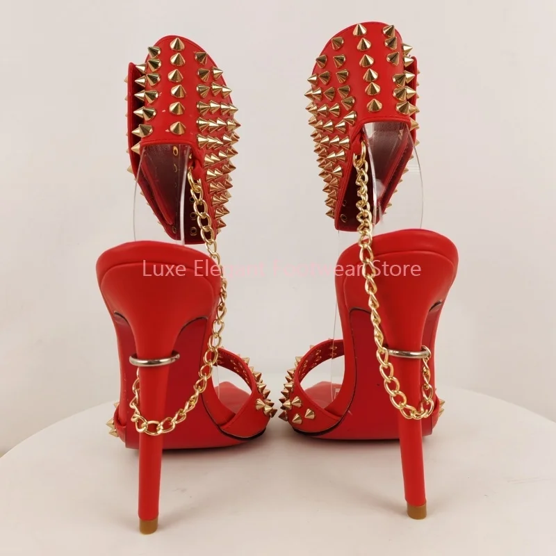 Black Patent Leather Rivet Metal Chain Thin High Heels Women Metal Chain Open Toe Pointed Sandals Sexy Party Slingback Sandals 5