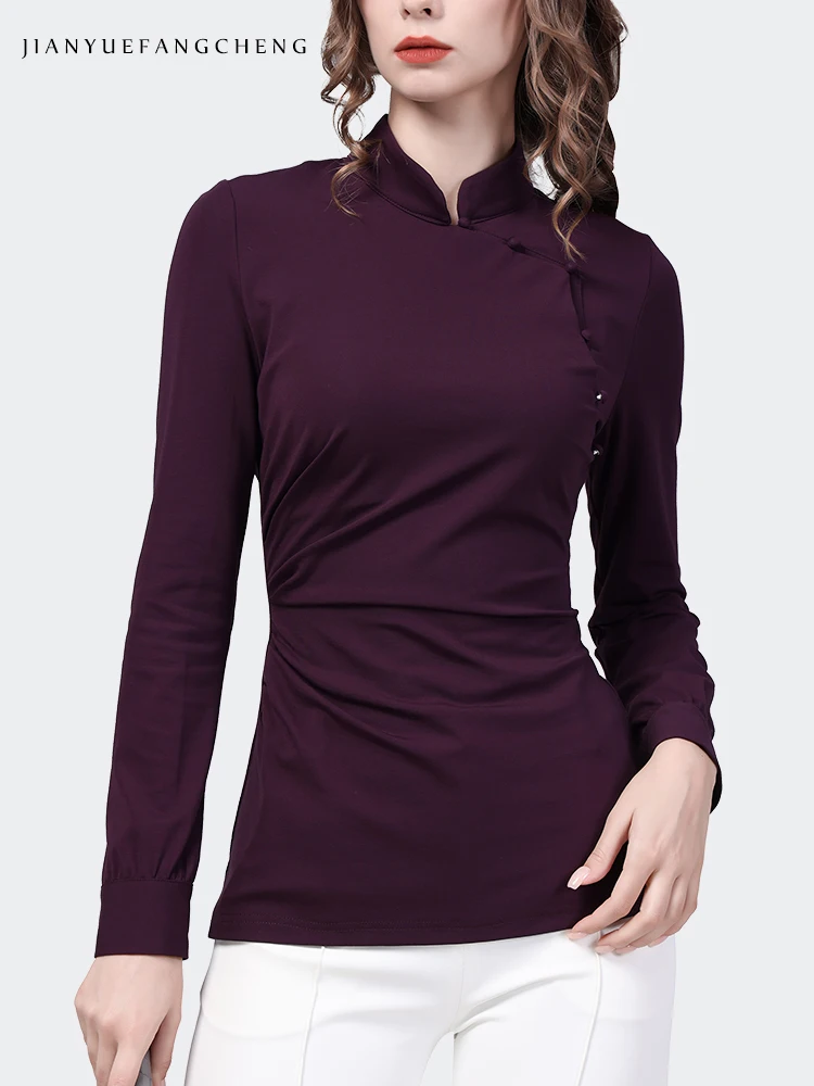 Stretching Skinny Purple Knitted Shirt Women\' 2024 Spring Summer Tops Long Sleeve Mandarin collar Cinched Waist Bottoming Shirts