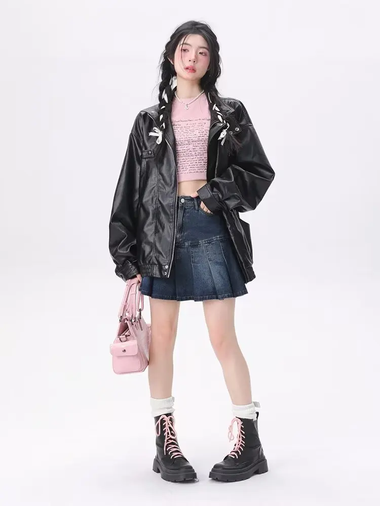 Motorcycle Pu Jacket Women High Street Harajuku Women Biker Black Coat Female Vintage Faux Leather Pockets Zipper Outwear 2023