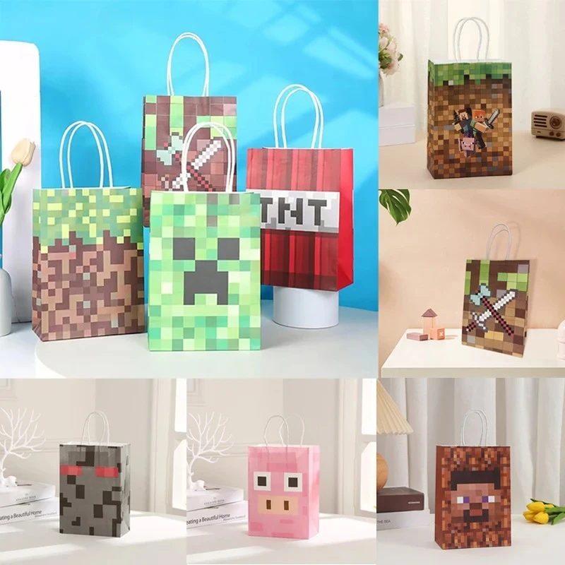 8Pcs Minecraft Kraft Paper Bags for Childrens Birthday Party Gifts Bag Disposable Shopping Tote Handbags Pixel-style Paper Bags