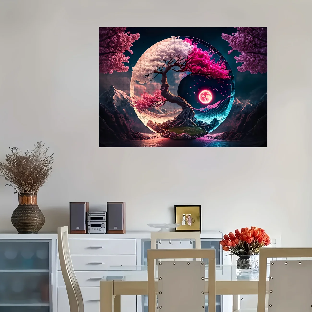 日本の桜をフィーチャーした陰陽樹パズル1000ピース、両面デザインで山と湖の風景が登場